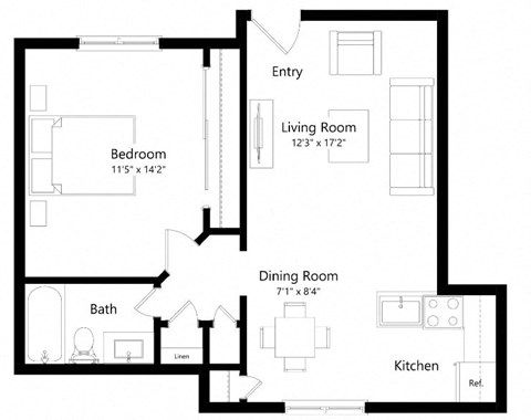 Floor plan for 1 bed, 1 bath, 631 sqft